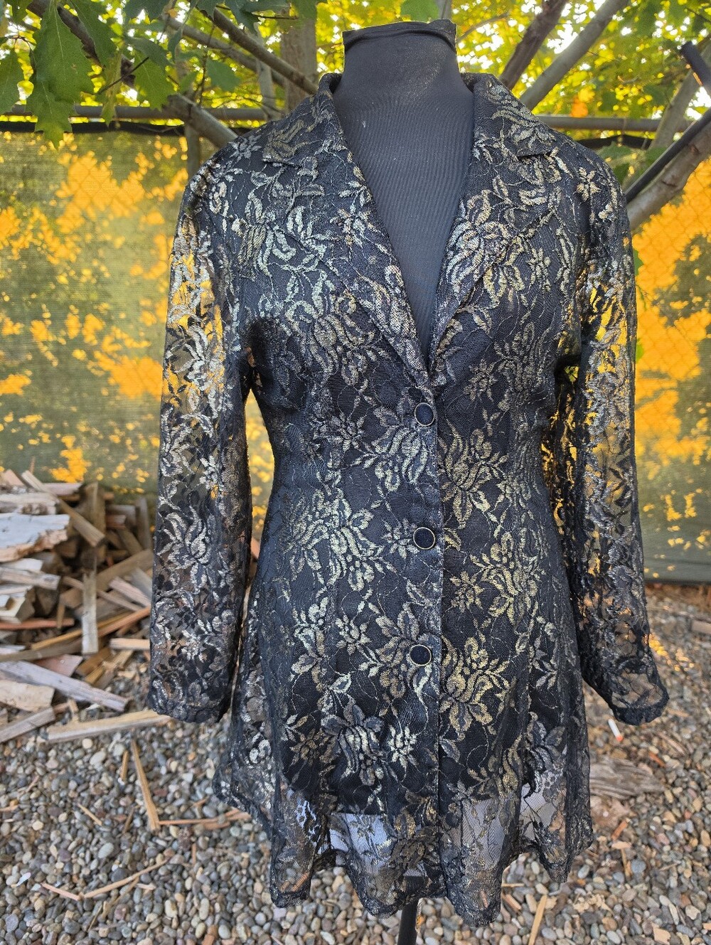 Vtg 80s 90s Black Gold Metallic Lace Blazer Dark Romantic Whimsigoth Baroque